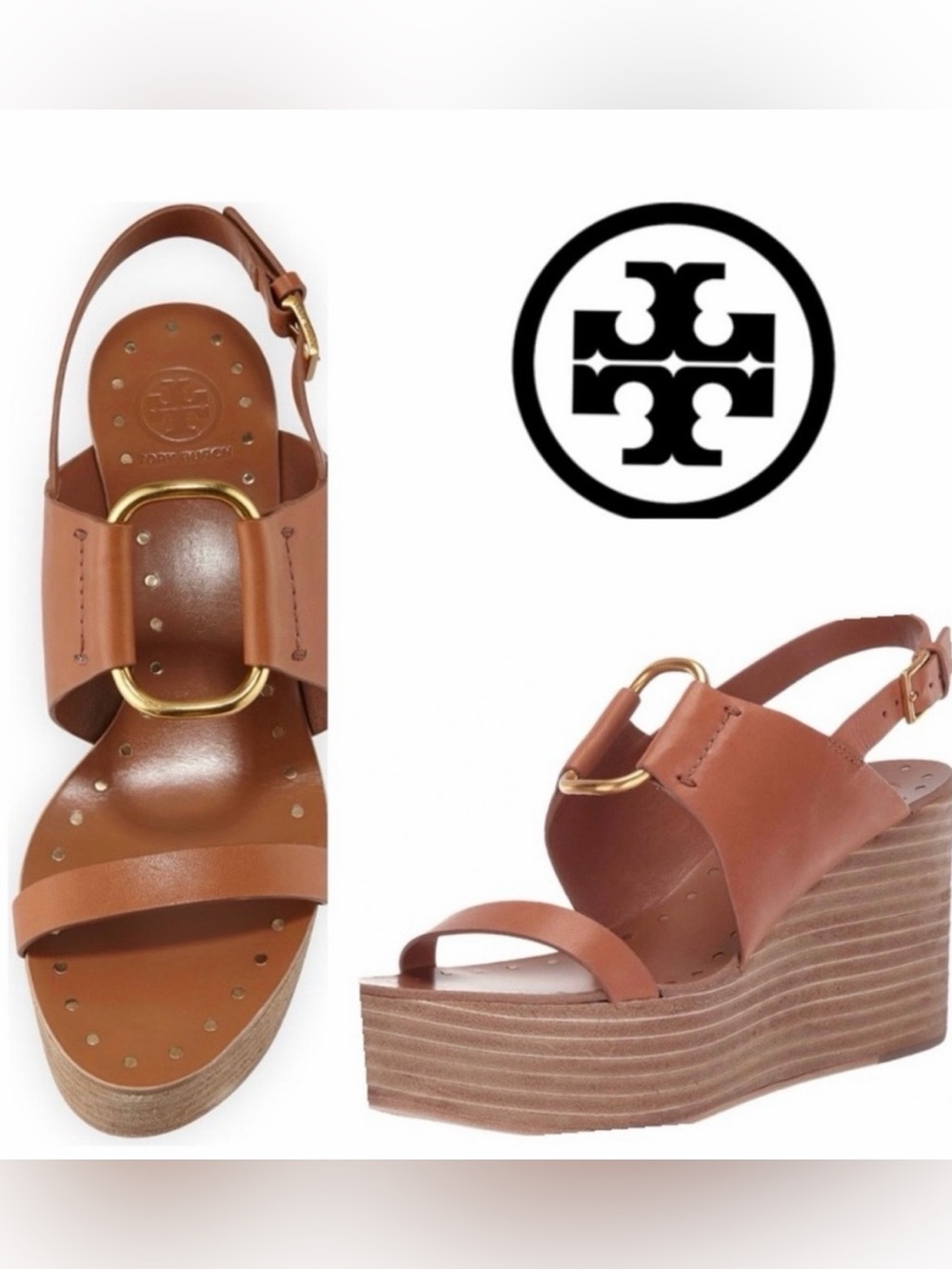 Tory Burch Tan Leather Studded Wedge Sandals Gold Ring Detail Size 9.5